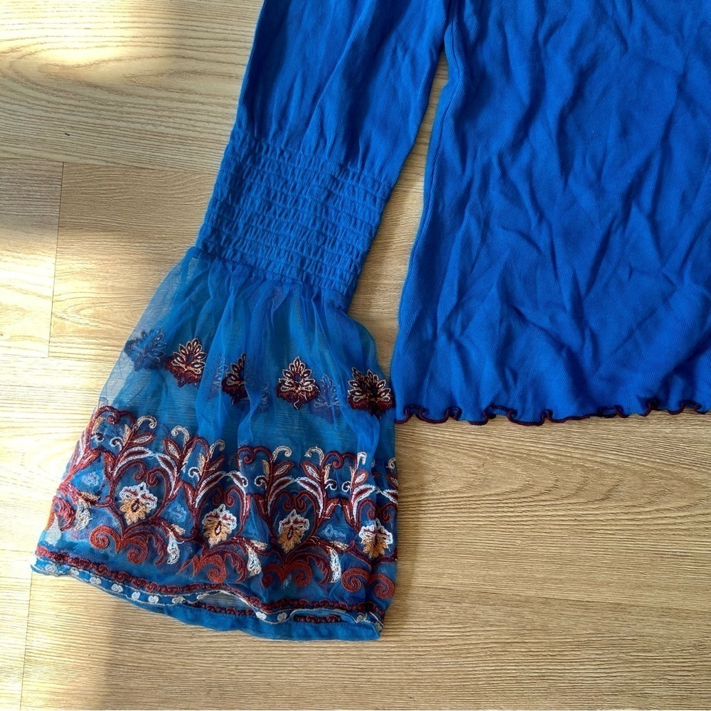 Free People Blue Flared Sleeve Mesh Embroidered Ribbed Longsleeve Top - Picture 2 of 6